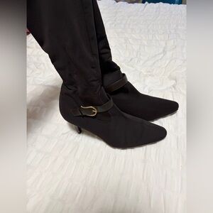 Women's Chocolate Brown Pointed Kitten Heel Ankle Boots with Buckle